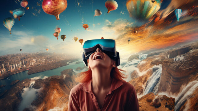 Excited woman in virtual reality headset is watching at amazing colorful world