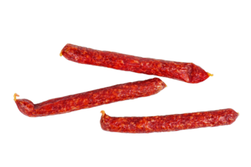 Three long sticks sousages isolated in a white background. Top view