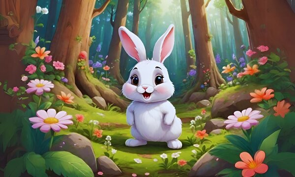 Cute baby rabbit in the beautiful fairy forest with smiling face, cute baby animals wallpaper, AI generative illustration