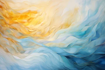 Fotobehang Abstract ocean wave with sun and sky, curvy lines and fluid swirls. Copy space, backdrop for text. Happy blue, yellow pastel colors summer sky vacation background, watercolor graphic resource  © Vita