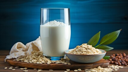 A blue backdrop with a glass and cup filled with oat milk. Granola and oats with flakes and ears on a wooden platter..