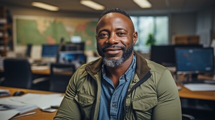 A black designer wearing a shirt is shown in this workplace portrait..