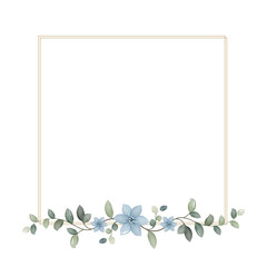 Rectangular golden frame with blue watercolor flowers and leaves, template, vector illustration.	