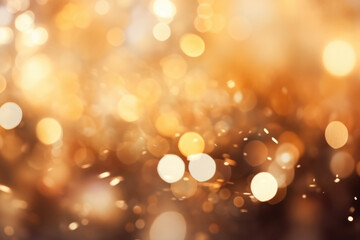 Christmas gold garland lights, bokeh over dark background with glitter overlay. Festive Christmas and New year background
