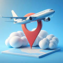 Naklejka premium Airplane is float away from location pin and cloud. Travel transport concept. 3D rendering.