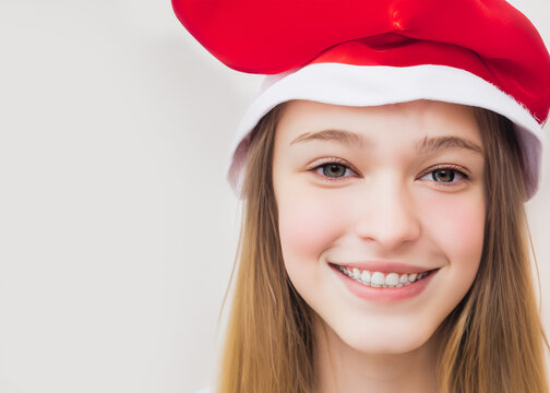 クリスマスのイメージの人物写真、サンタクロースの帽子をかぶった若い笑顔の白人女性　白背景