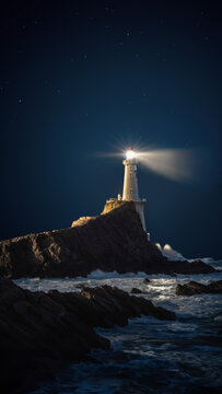 Lighthouse at night in the sea