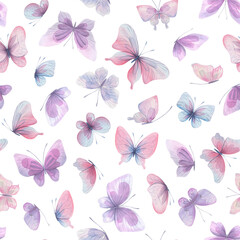 Butterflies are pink, blue, lilac, flying, delicate with wings and splashes of paint. Hand drawn watercolor illustration. Seamless pattern on a white background, for design