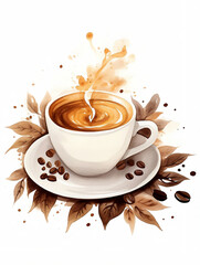 Cup of coffee with beans on white background, watercolor style, Generative AI