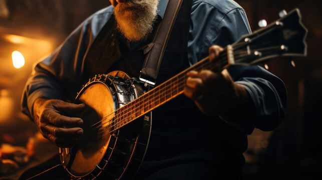 Man playing a banjo with his hands in a dimly lit room.