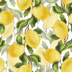 Lemons are yellow, juicy, ripe with green leaves, flower buds on the branches, whole and slices. Watercolor, hand drawn botanical illustration. Seamless pattern on a white background.