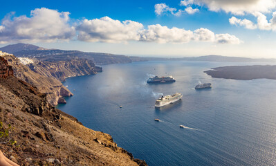 Panoramic view of Fira from Skaros Rock (Castle Skaros), Santorini (officially Thira and Classical...