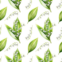 Watercolor seamless pattern with bouquets of lilies of the valley flowers isolated on background....