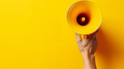 Hand holds a megaphone from a hole in the wall on a yellow background. Concept of hiring, advertising something. Banner.  - obrazy, fototapety, plakaty