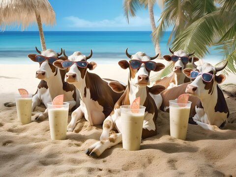 Eine Gruppe Kühe am Strand / Lustiges Kuh im Urlaub Bild / Kühe mit Sonnenbrille und Cocktail / Witzige Tier Illustration / Kuh Poster / Ai-Ki generiert