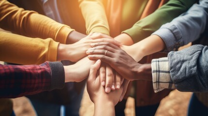 Hands, support and solidarity in team with community in workplace, professional partnership and collaboration mockup. Team building overhead, business people and diversity, company mission together. 