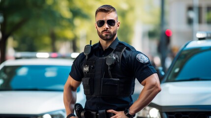 Portrait serious young man cops stand near patrol car look at camera enforcement background his colleague happy officer police uniform auto safety control policeman close up slow motion  - obrazy, fototapety, plakaty