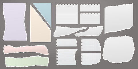Set of torn, ripped paper strips, notebook paper with soft shadow are on dark grey background for text. - 679558102