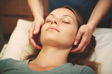 Fototapeta na wymiar Frau bei einer Massage Behandlung / Massage Poster / Wellness Wallpaper / Gesundheit / Ki-Ai generiert 