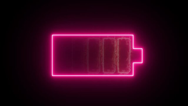 Neon purple and red fire glowing battery charging icon. Charger, running from low to full cell phone battery. Glowing neon line Battery icon animated video