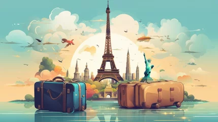 Photo sur Aluminium Tour Eiffel Illustration Travel Concept with Plane, Famous Landmark World, and Traveling luggage