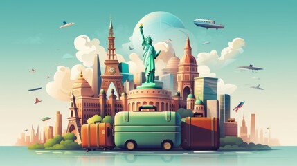 Illustration Travel Concept with Plane, Famous Landmark World, and Traveling luggage