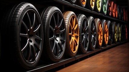 Tires displayed in an auto shop.