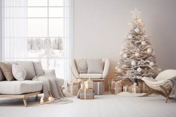 Fototapeta na wymiar Christmas tree, presents, gifts and decoration in modern living room. White mockup wall. Festive Christmas and New year background