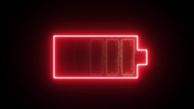 Neon red and red fire glowing battery charging icon. Charger, running from low to full cell phone battery. Glowing neon line Battery icon animated video