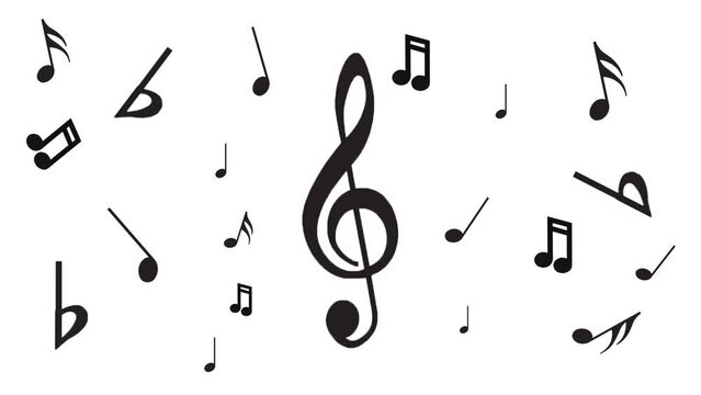A variety of notes running through the curved sheet music. Music screensaver. Theme for background music