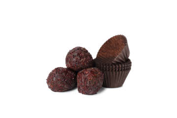 PNG, Brigadeiro chocolate candies and paper forms, isolated on white background