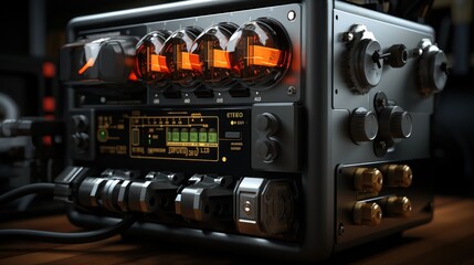 A power supply device placed on a cabinet.