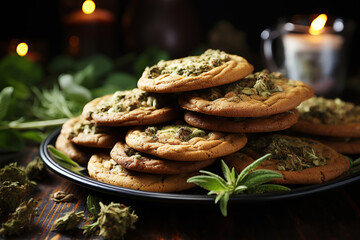 marijuana cookies and cannabis leaves on table. Food with legal drugs - obrazy, fototapety, plakaty