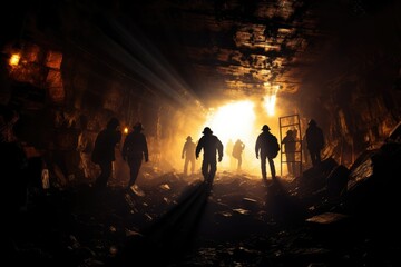 Silhouette of a group of unknown people standing in a dark underground tunnel. Selective focus,...