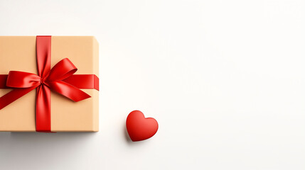 Gift box with red ribbon and red heart on white background. A gift for valentine's day or birthday.