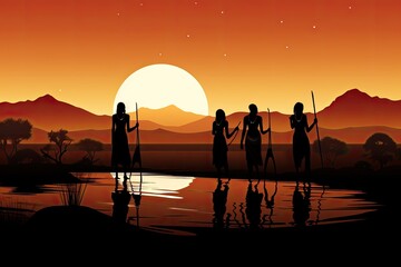 Ancient people in the savannah at sunset. Vector illustration for your design, Silhouettes of african aborigines at sunset. Female tribe members in desert landscape, AI Generated
