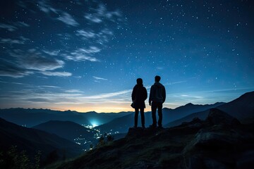 Silhouette of couple standing on top of mountain and looking at the starry sky, Silhouette of young couple hiker were standing at the top of the mountain looking, AI Generated - Powered by Adobe