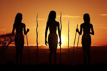 Silhouette of a woman with spear in the desert at sunset, Silhouettes of african aborigines at sunset. Female tribe members in desert landscape, AI Generated - obrazy, fototapety, plakaty