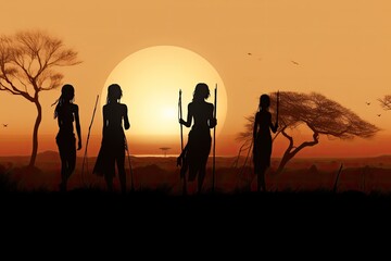 silhouette of hunter in savanna at sunset. vector illustration, Silhouettes of african aborigines at sunset. Female tribe members in desert landscape, AI Generated - obrazy, fototapety, plakaty