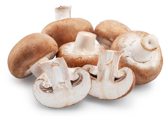 Ripe royal champignon mushrooms with slices of champignons  on a white background.