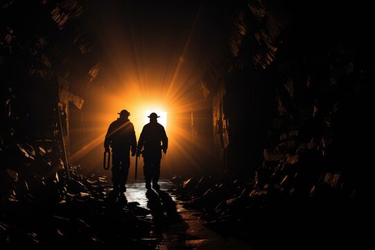 Silhouette of two men walking in the dark underground tunnel, Silhouette of Miners with headlamps entering underground coal mine, AI Generated