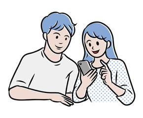 スマホを見ている若い男女カップルのイラスト素材
