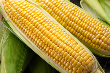 Ripe corn heads with corn whiskers and leaves.