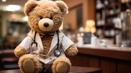    Teddy bear doctor with a stethoscope in a fuzzy setting.