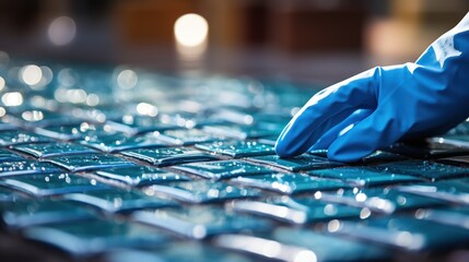 Cleaning tiles with a hand wearing blue gloves. - obrazy, fototapety, plakaty