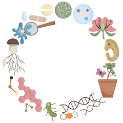 School science wreath illustration, biology supplies clipart set,  education background, Illustration of the laboratory. Natural sciences
