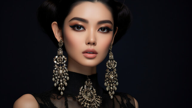 art portrait of beautiful east asian woman with jewelry model makeup