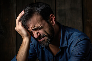 Headache Attack: Man Clutching His Temples in Pain