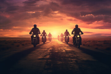 group of motorcycle riders riding toghether at sunset