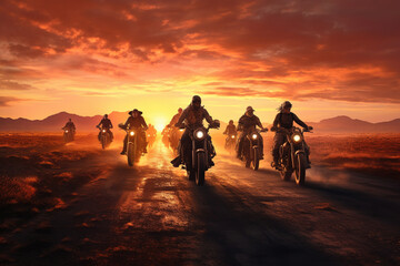 group of motorcycle riders riding toghether at sunset - obrazy, fototapety, plakaty